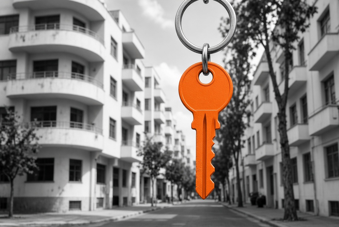 Tel Aviv apartments for rent — orange key against black-and-white Bauhaus street, September 2026