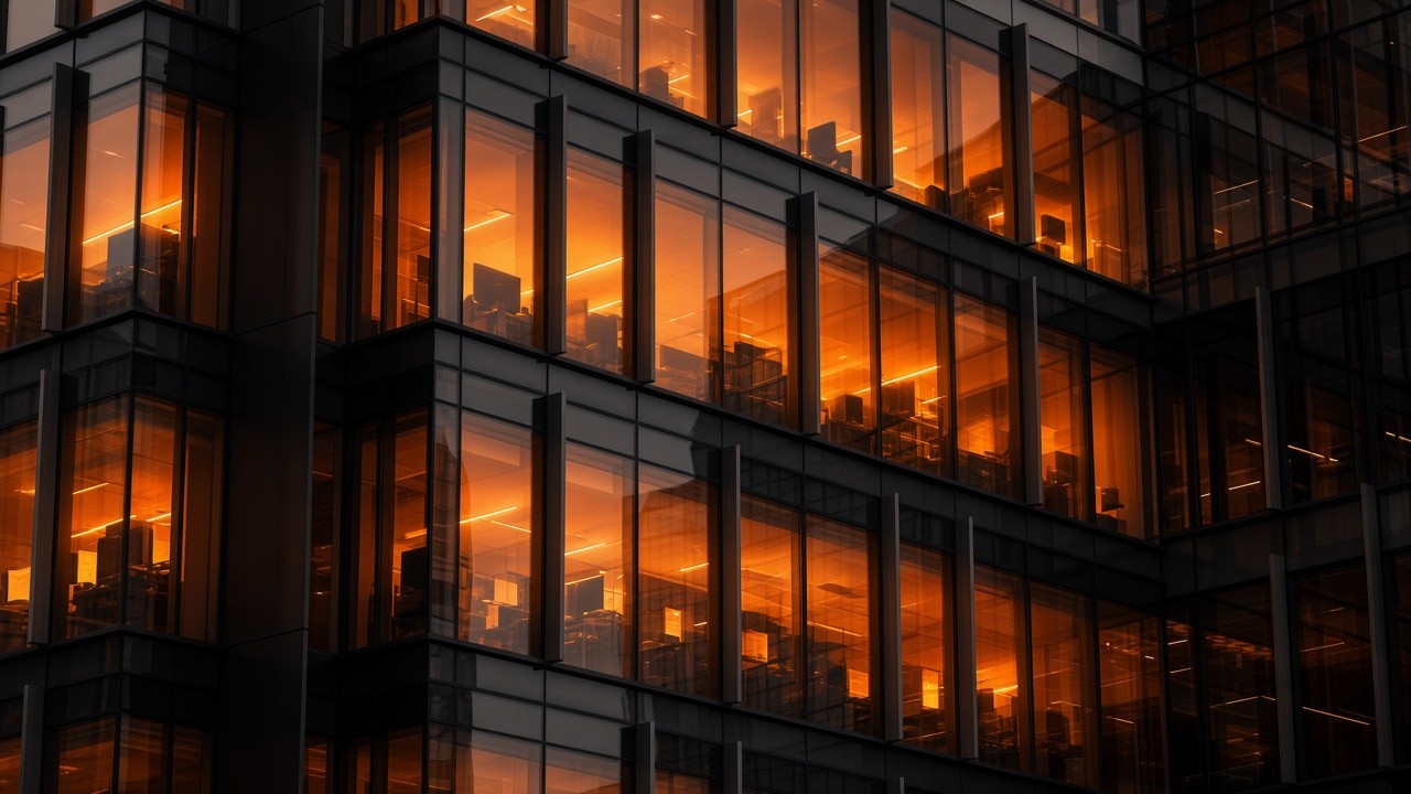 Tel Aviv Stock Exchange facade close-up; orange trading screens glowing in every window