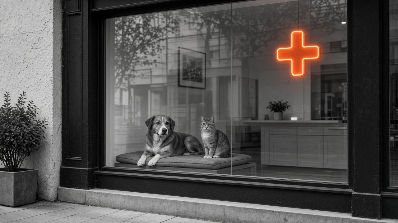 Veterinary clinic window with dog and cat; orange cross on the vitrine