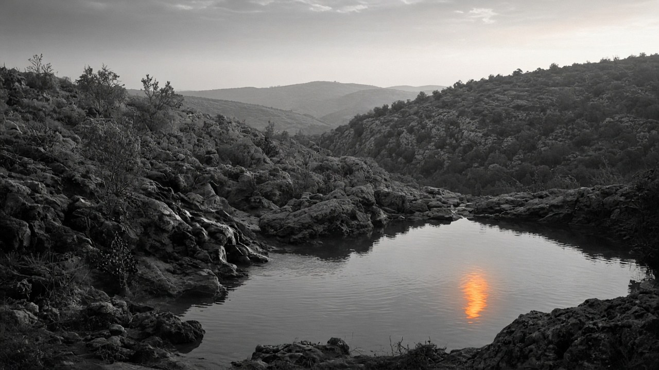 Black-and-white spring in the Judean hills with a single orange reflection on the water — memorial mood after the Ein Raya attack