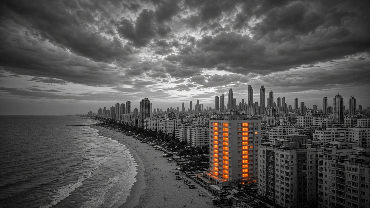 Tel Aviv skyline — B&W coastal city, single orange #E85D04 window accent, no mushroom (fact-check featured)