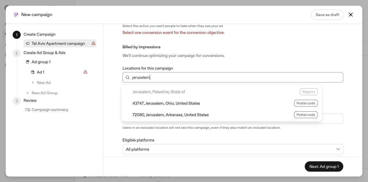 Screenshot of OpenAI Ads Manager (beta), New campaign, locations field: typing "jerusalem" lists "Jerusalem, Palestine, State of" (Regions), then postal codes 43747 (Jerusalem, Ohio, United States) and 72080 (Jerusalem, Arkansas, United States). No suggestion for Jerusalem, Israel.