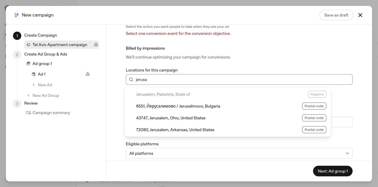 Screenshot of OpenAI Ads Manager (beta), New campaign, locations field: typing "jerusa" lists "Jerusalem, Palestine, State of" (Regions), then postal codes 6551 (Jerusalimovo, Bulgaria), 43747 (Jerusalem, Ohio, United States) and 72080 (Jerusalem, Arkansas, United States).