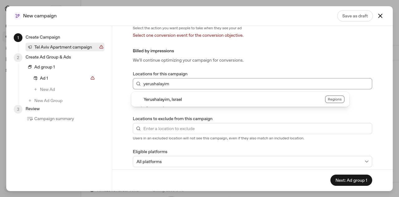 Screenshot of OpenAI Ads Manager (beta), New campaign, locations field: typing "yerushalayim" displays "Yerushalayim, Israel" (Regions).