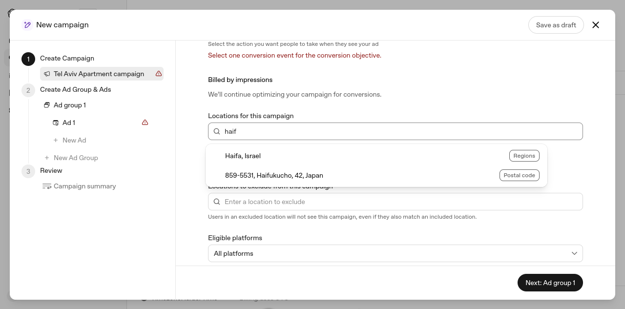 Screenshot of OpenAI Ads Manager (beta), New campaign, locations field: typing "haif" lists "Haifa, Israel" (Regions), then a postal code in Japan (859-5531, Haifukucho).