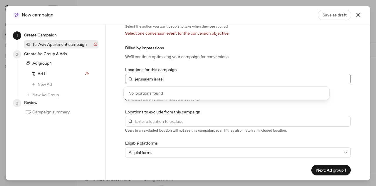 Screenshot of OpenAI Ads Manager (beta), New campaign, locations field: typing "jerusalem israel" displays "No locations found".