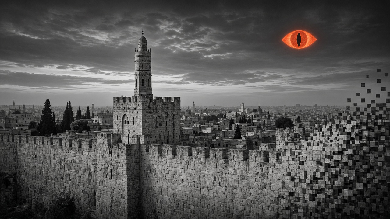 An AI eye pixelating and erasing the walls of Jerusalem