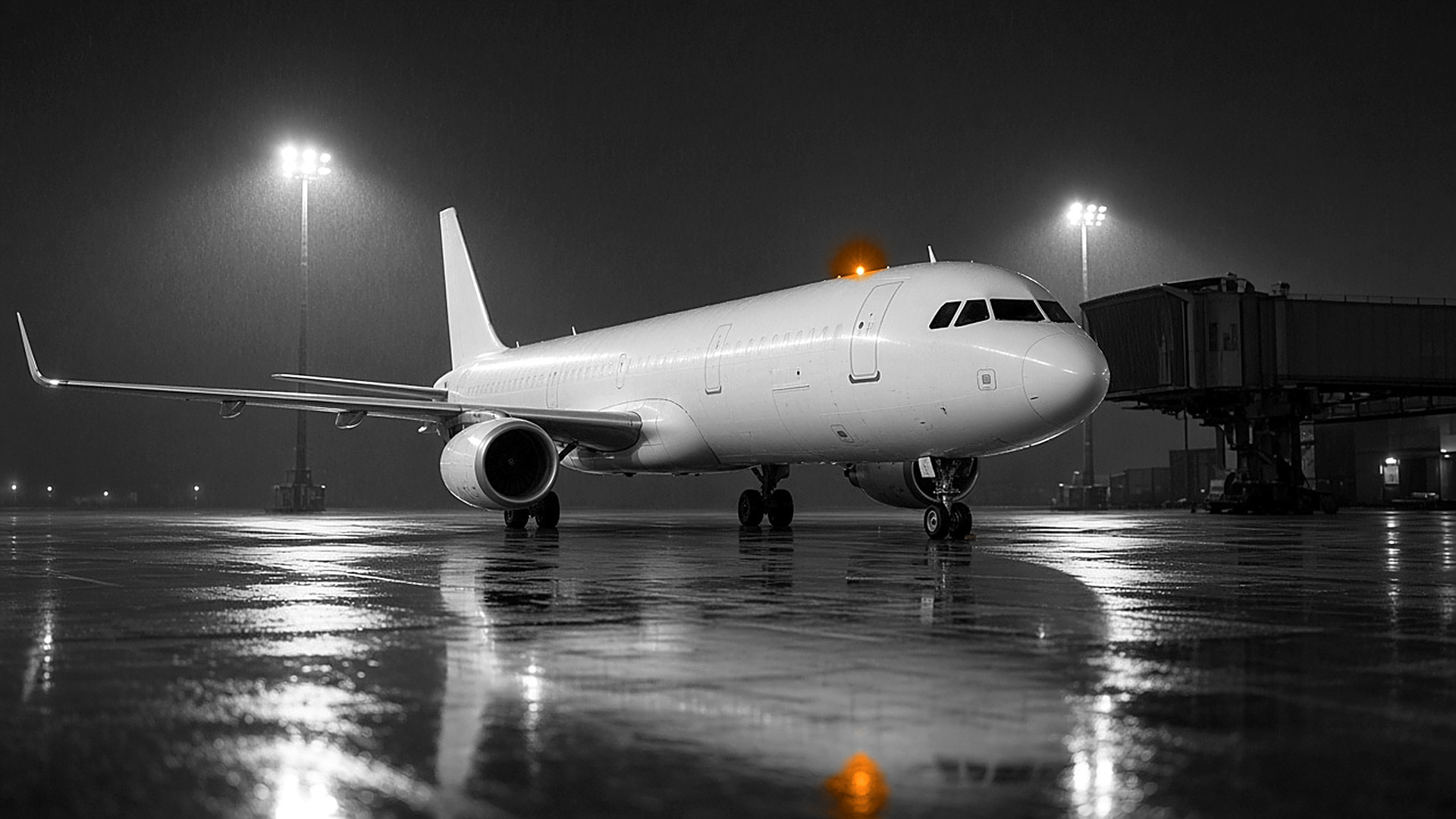 Unmarked white airliner on a rain-soaked night apron under floodlights, its anti-collision beacon glowing orange, clear black-and-white photograph
