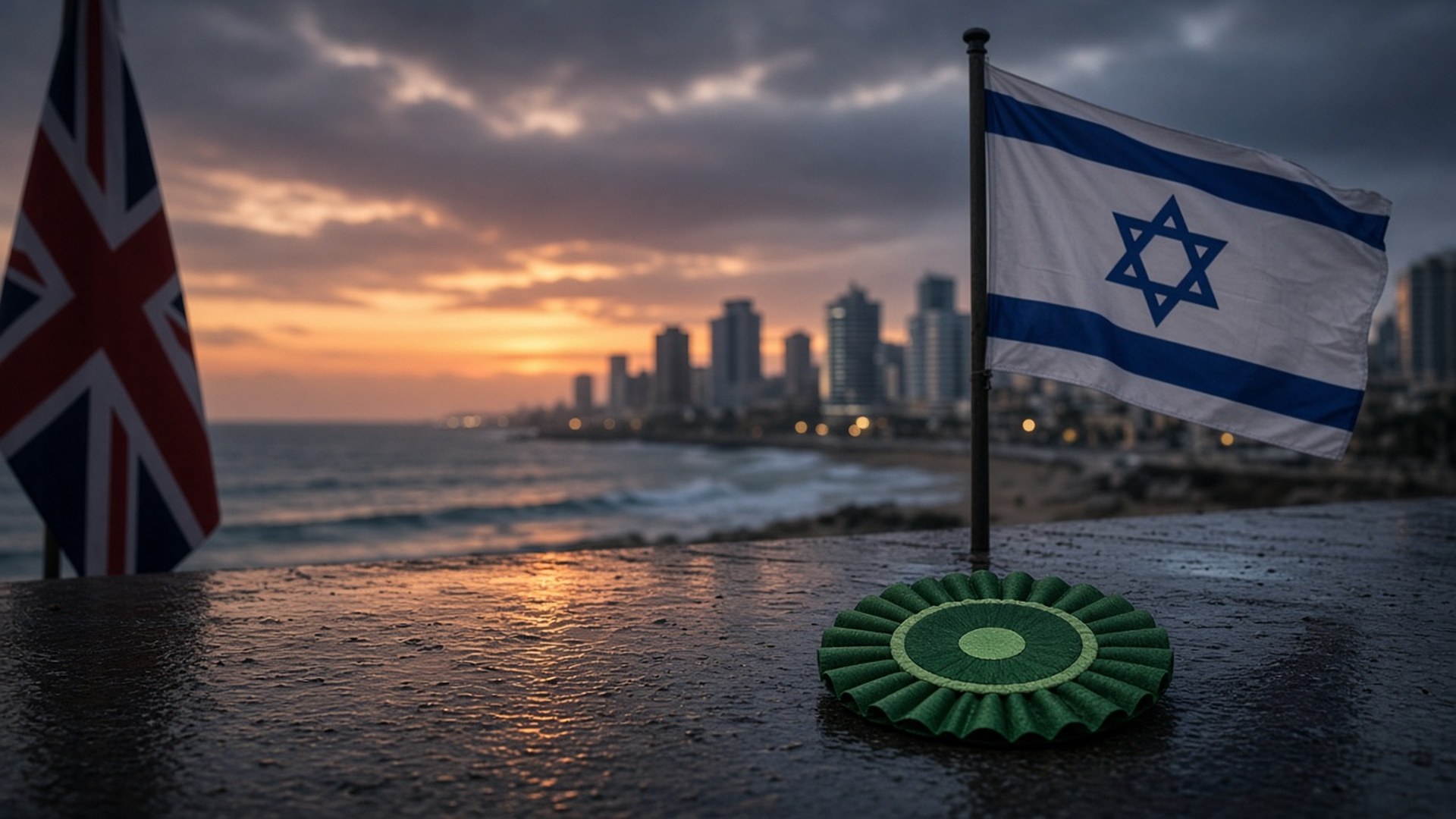 Greyscale Tel Aviv skyline under a Union Jack, with an orange Star of David glowing above the city
