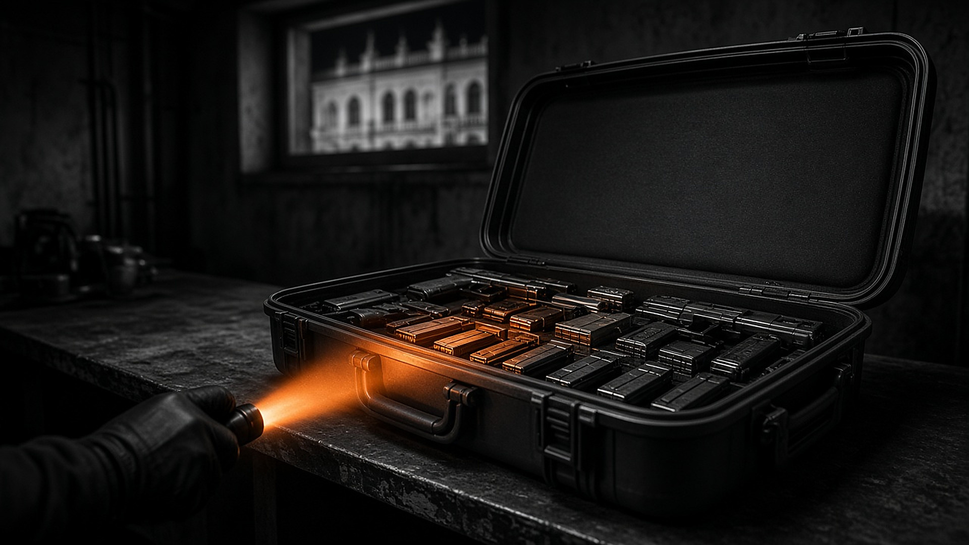 Open hard-shell case of pistols and ammunition magazines on an evidence table in a dark basement, a gloved hand's orange flashlight beam, a Viennese facade through the window, high-contrast black and white