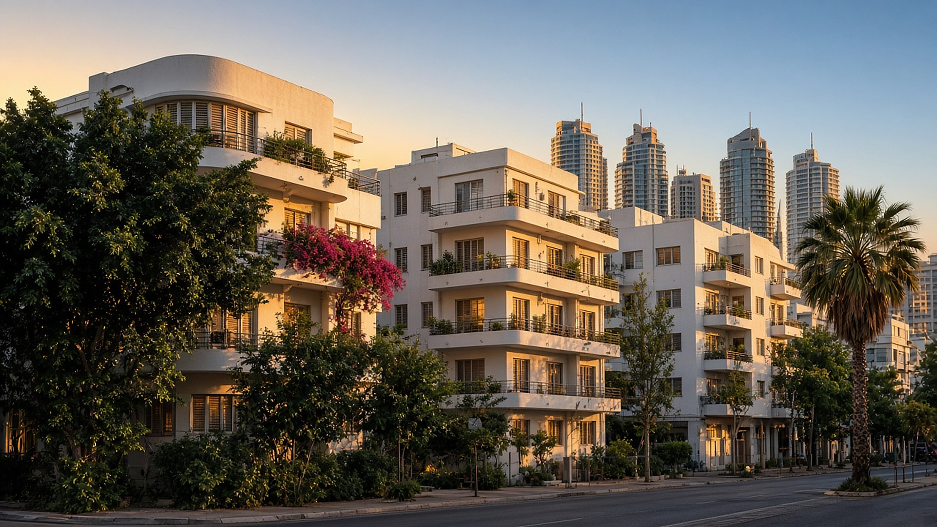 Tel Aviv residential street of white Bauhaus buildings with curved balconies at golden hour, modern towers in the background